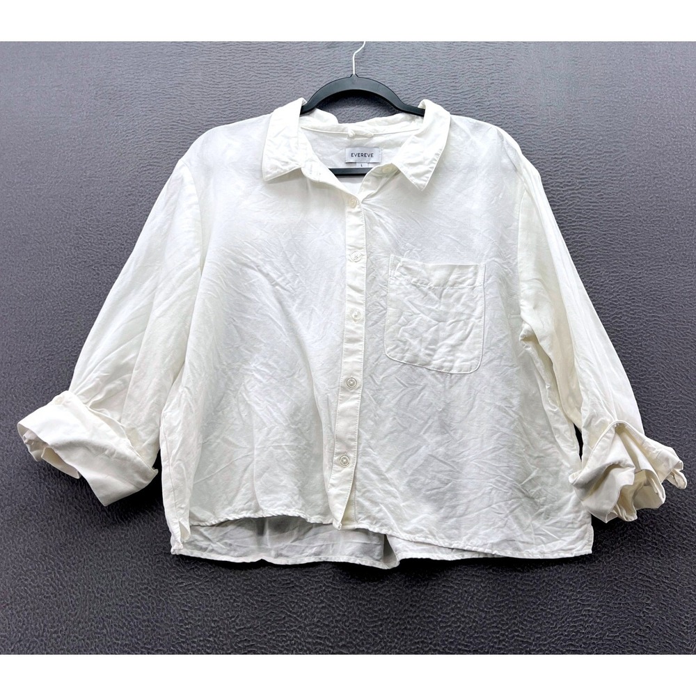 Evereve Shirt Women's Size Large White Linen Blend Roll Tab Button Down Preppy